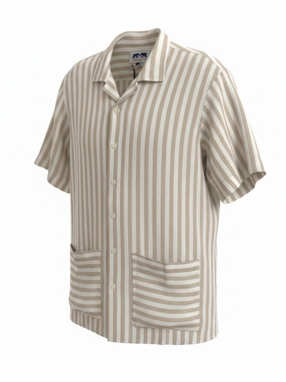 100% linen Casual Short-Sleeve Button-Down Shirt in Beige and White Stripes